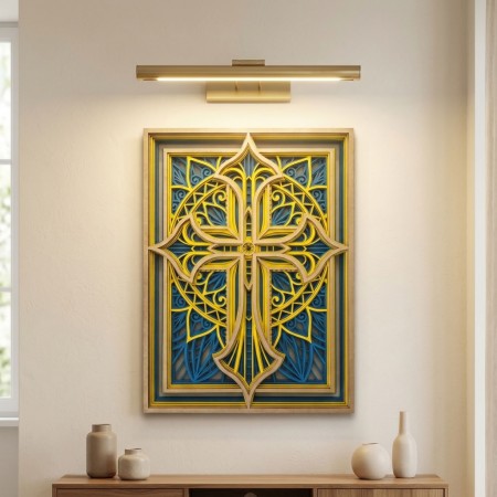 Tableau Mural Croix Chrétienne en Bois Gravé : Sculpture Art Sacré Multicouche Bleu & Jaune - Déco Religieuse Haut de Gamme