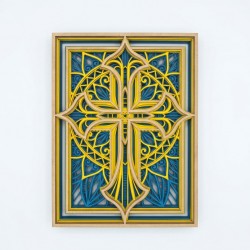Tableau Mural Croix Chrétienne en Bois Gravé : Sculpture Art Sacré Multicouche Bleu & Jaune - Déco Religieuse Haut de Gamme