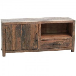 Meuble TV Rectangulaire Bois Recyclé Buffet Bas Télévision 1 Porte 1 Tiroir Rangement