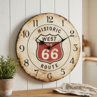 Horloge Murale en Bois Blanc Route 66 Ø 33 cm | Pendule Déco Vintage Américaine pour Salon et Cuisine