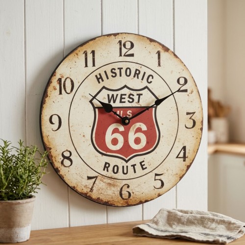 Horloge Murale en Bois Blanc Route 66 Ø 33 cm | Pendule Déco Vintage Américaine pour Salon et Cuisine