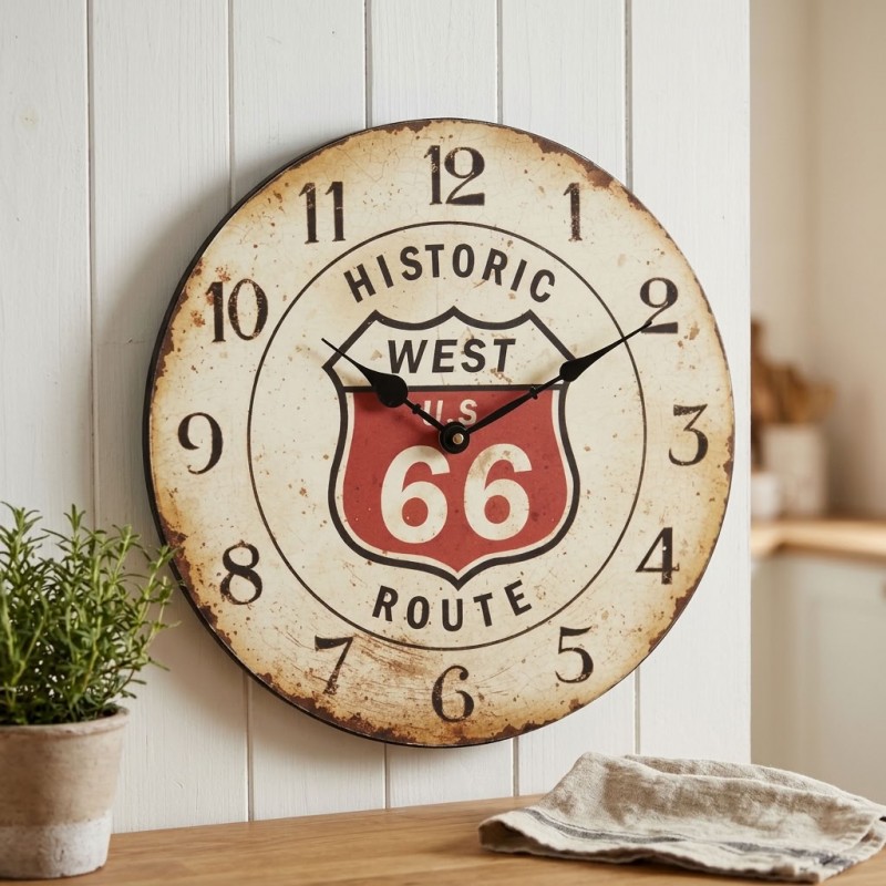 Hvid Wood Wall Clock Route 66 Ø 33 cm | American Vintage Deco Clock til stue og køkken