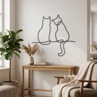 Decoração de parede 2 gatos sentado em metal preto: bate-papo de design de escultura de parede para sala de estar, entrada e qua