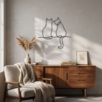 Decoração de parede 2 gatos sentado em metal preto: bate-papo de design de escultura de parede para sala de estar, entrada e qua