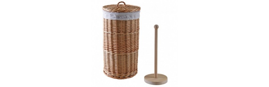 Toilet and toilet accessory in wood and wicker